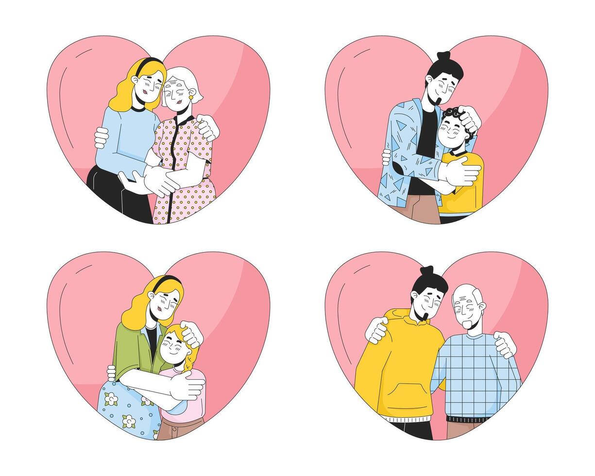 Heart-shaped caucasian family hugs 2D linear cartoon characters set. Heartshaped embrace parents kids isolated line vector people white background. Supportive color flat spot illustrations collection