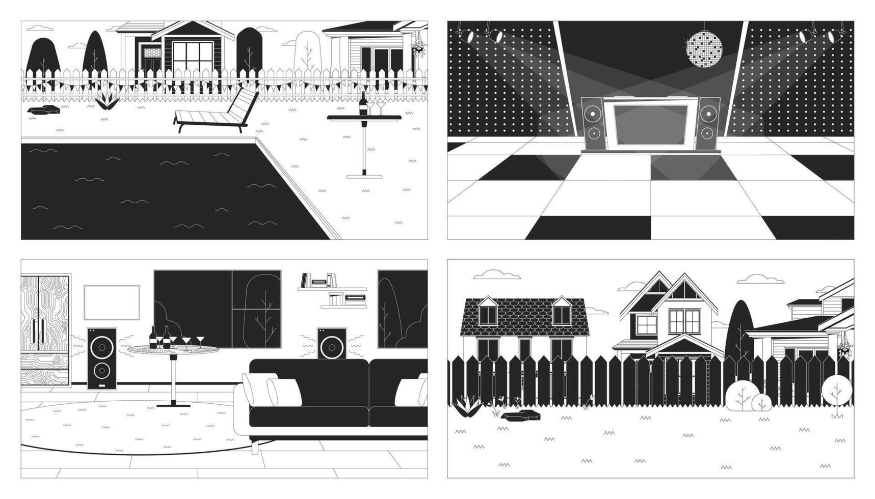 Party celebration locations black and white line illustration set. Entertainment 2D landscapes and interiors monochrome backgrounds. Holiday celebration outline scene vector image collection