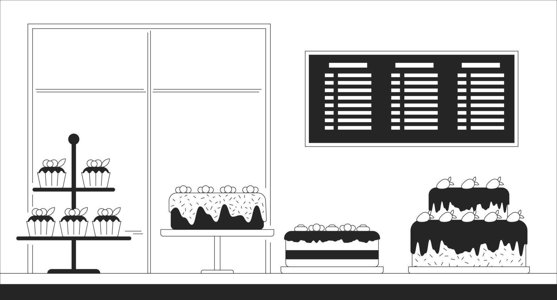 Confectionery small business black and white line illustration. Buying sweets. Cakes on bakery shop display 2D interior monochrome background. Handmade desserts store outline scene vector image