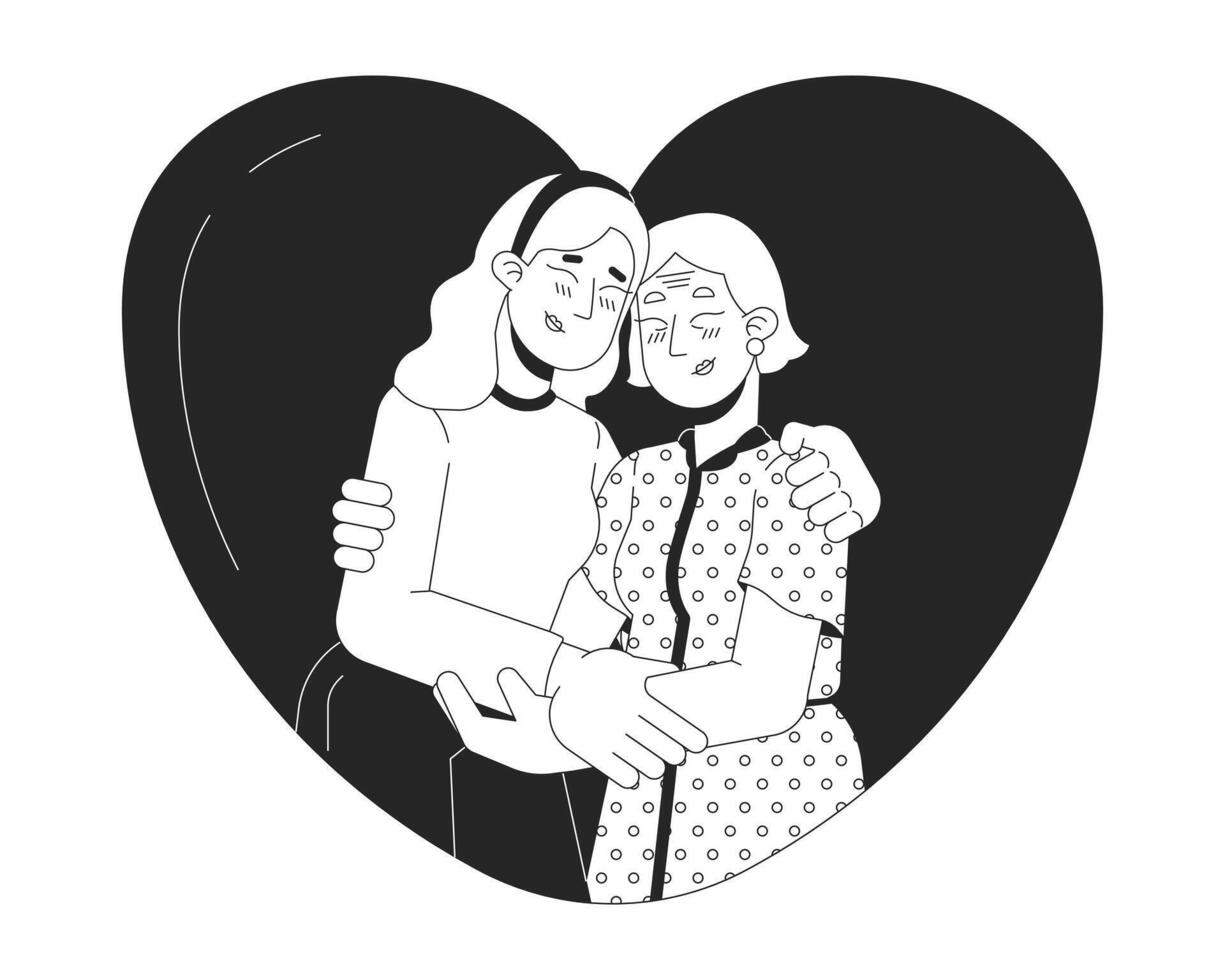 Heart-shaped older mother daughter hug black and white 2D line cartoon characters. Heartshaped senior mom embrace isolated vector outline people. Loved relations monochromatic flat spot illustration