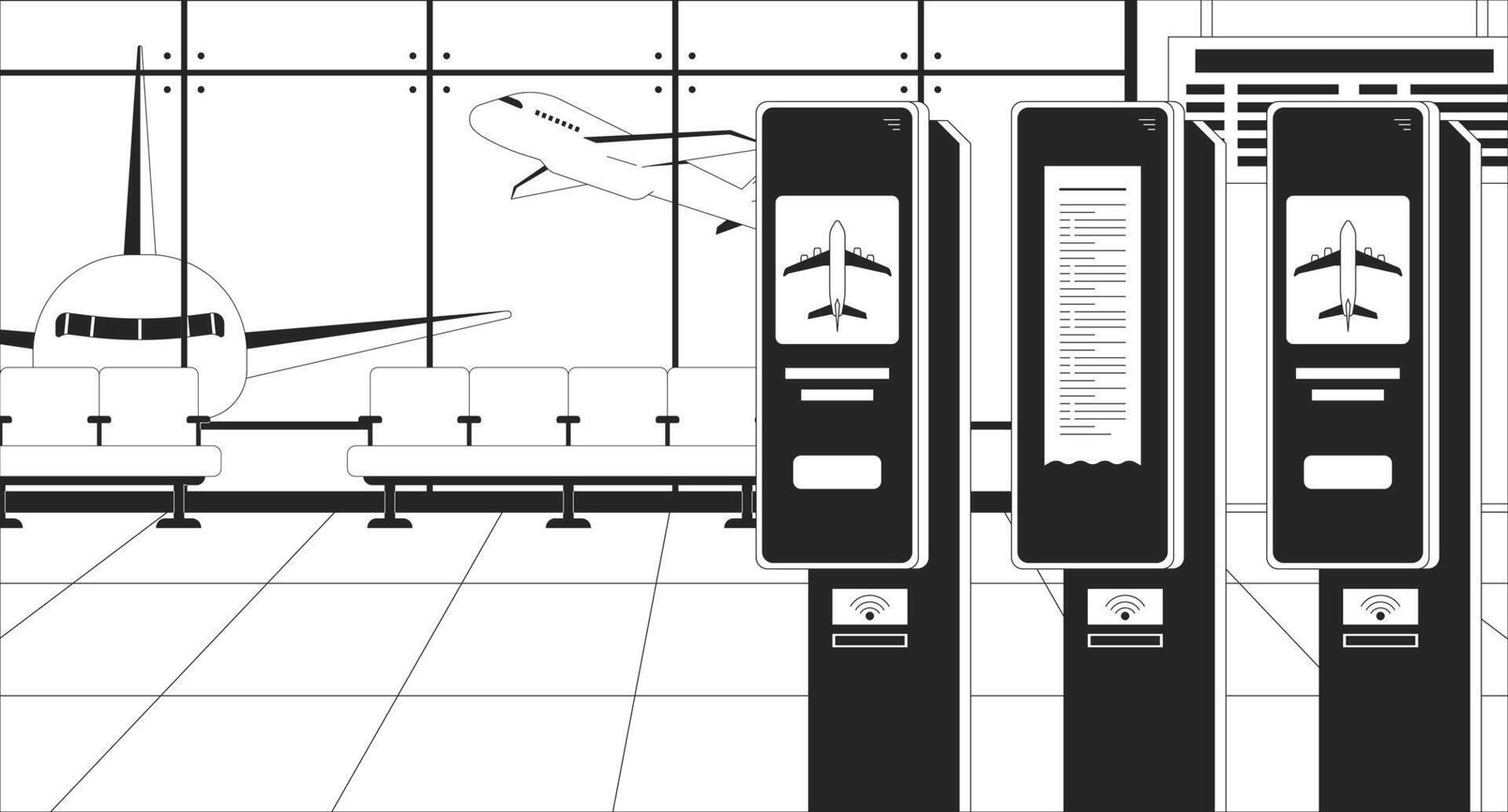 Check in airport terminal plane black and white line illustration. Self service machine for tickets 2D interior monochrome background. Departure waiting lounge no people outline scene vector image