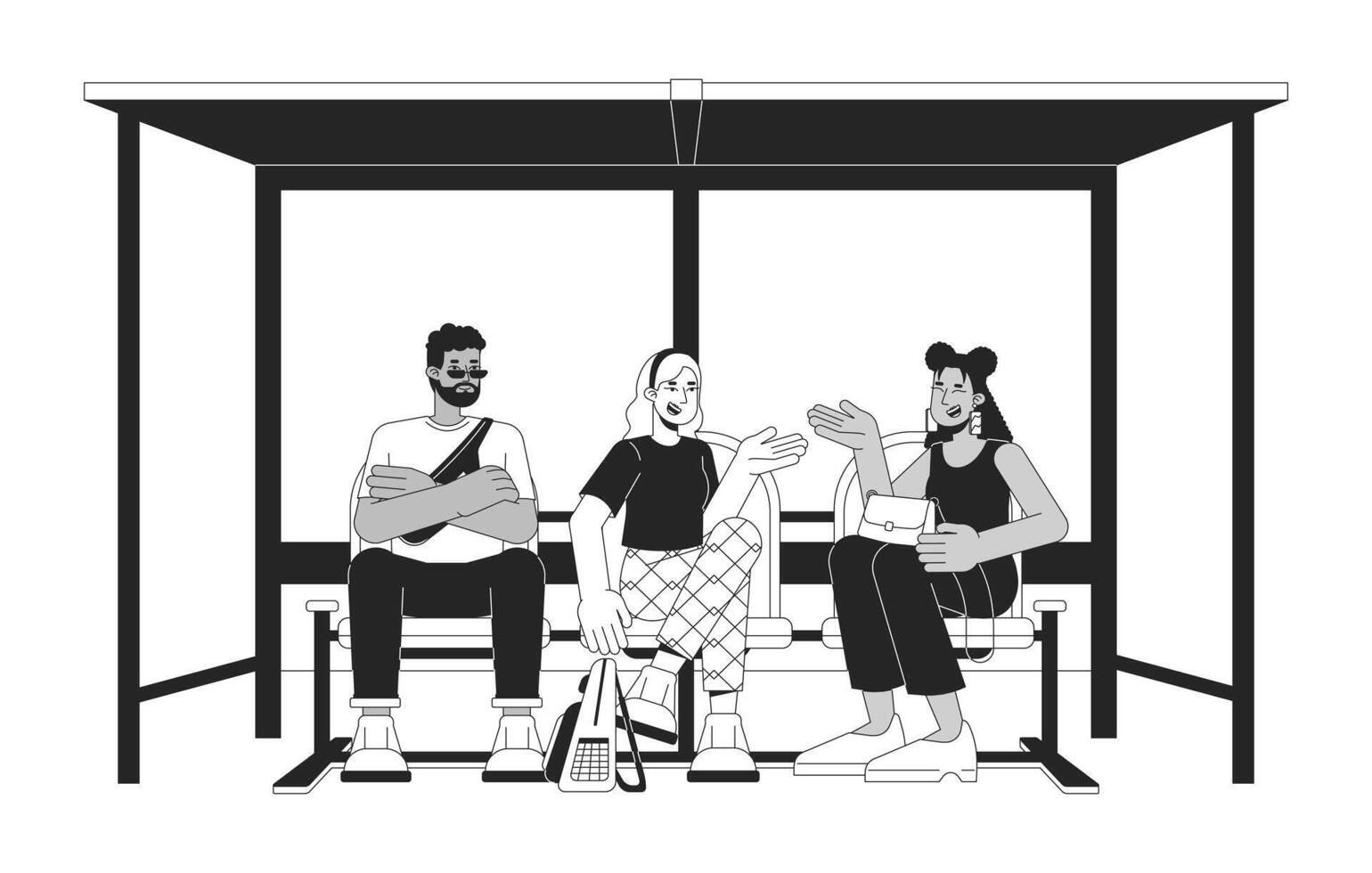 Diverse passengers waiting on bus stop black and white 2D line cartoon characters. Multicultural adults on seats isolated vector outline people. Friends talking monochromatic flat spot illustration