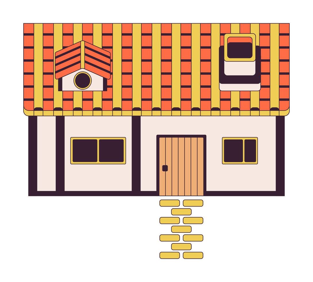 Rural house with paved road 2D linear cartoon object. Neat cottage building in old town isolated line vector element white background. Videogame design development color flat spot illustration