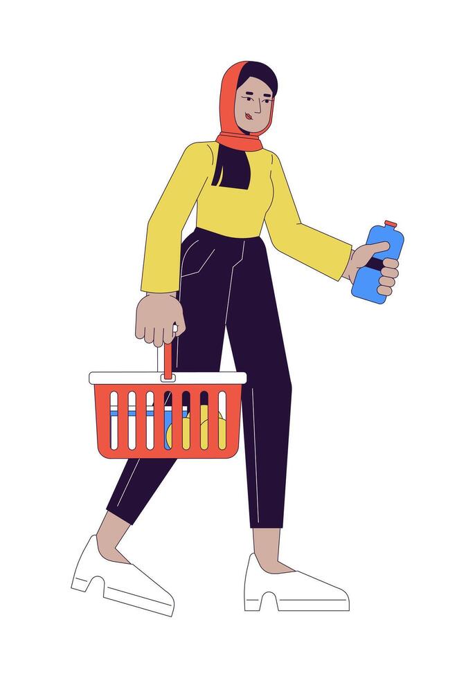 musulmán hijab mujer con compras cesta 2d lineal dibujos animados personaje. comestibles comprando hembra árabe aislado línea vector persona blanco antecedentes. participación agua botella color plano Mancha ilustración