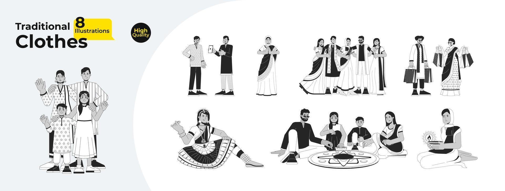 Multicultural Diwali People Monochrome Cartoon Flat Illustration Bundle vector