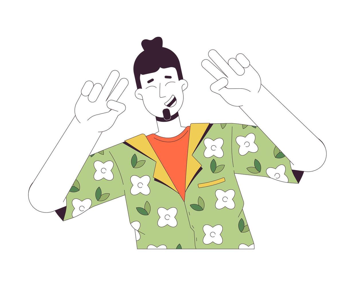 Caucasian man peace fingers 2D linear cartoon character. Solo traveler european guy isolated line vector person white background. Male tourist vacationer posing color flat spot illustration