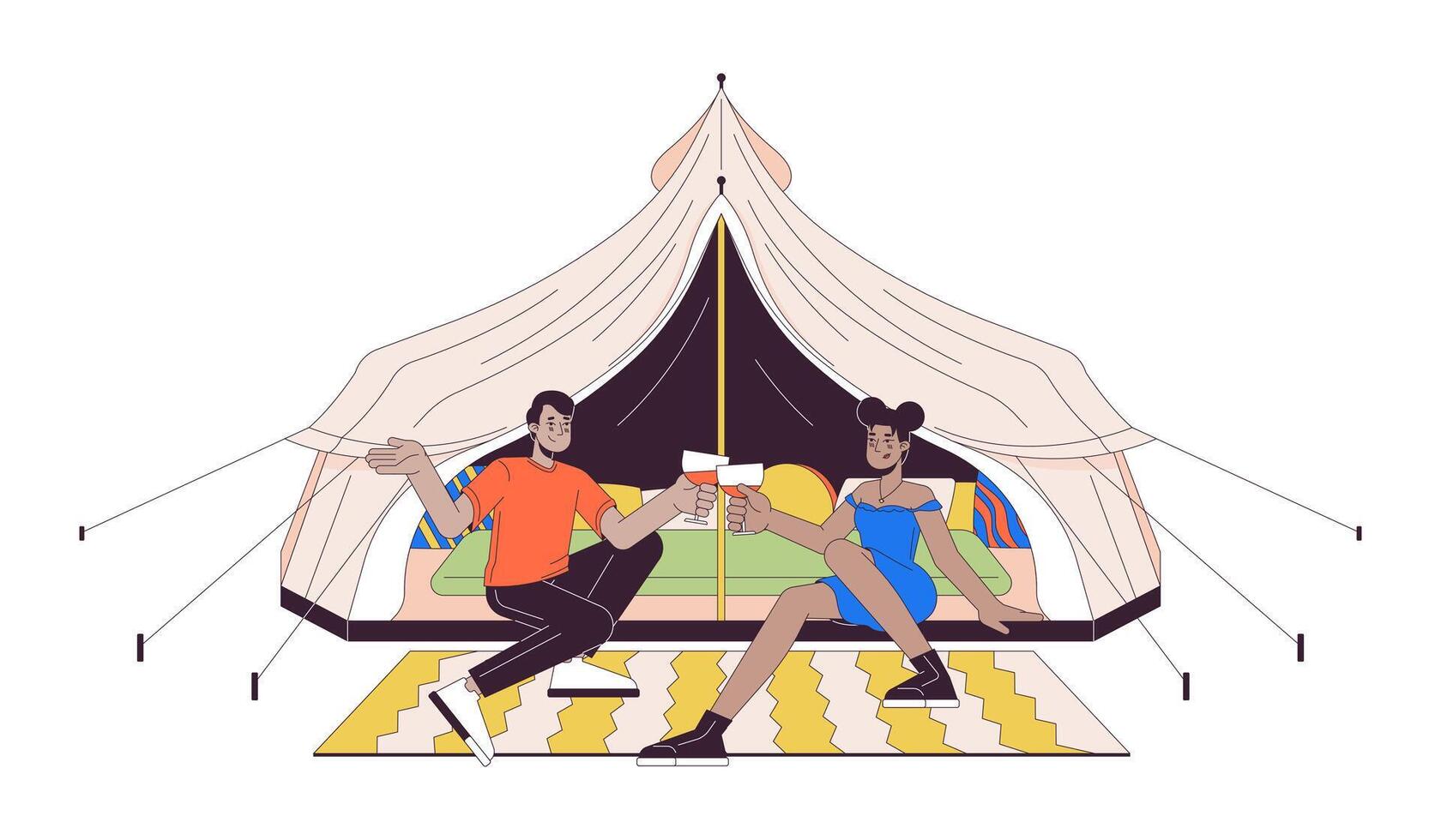 Camping romantic couple clinking wineglasses 2D linear cartoon characters. Glamping tent diverse friends isolated line vector people white background. Drinking wine color flat spot illustration