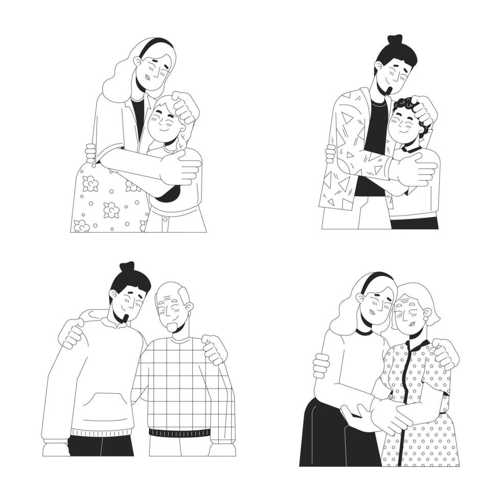 Hug family black and white 2D line cartoon characters set. Hugging relatives caucasian european isolated vector outline people. Embracing mother father monochromatic flat spot illustrations collection