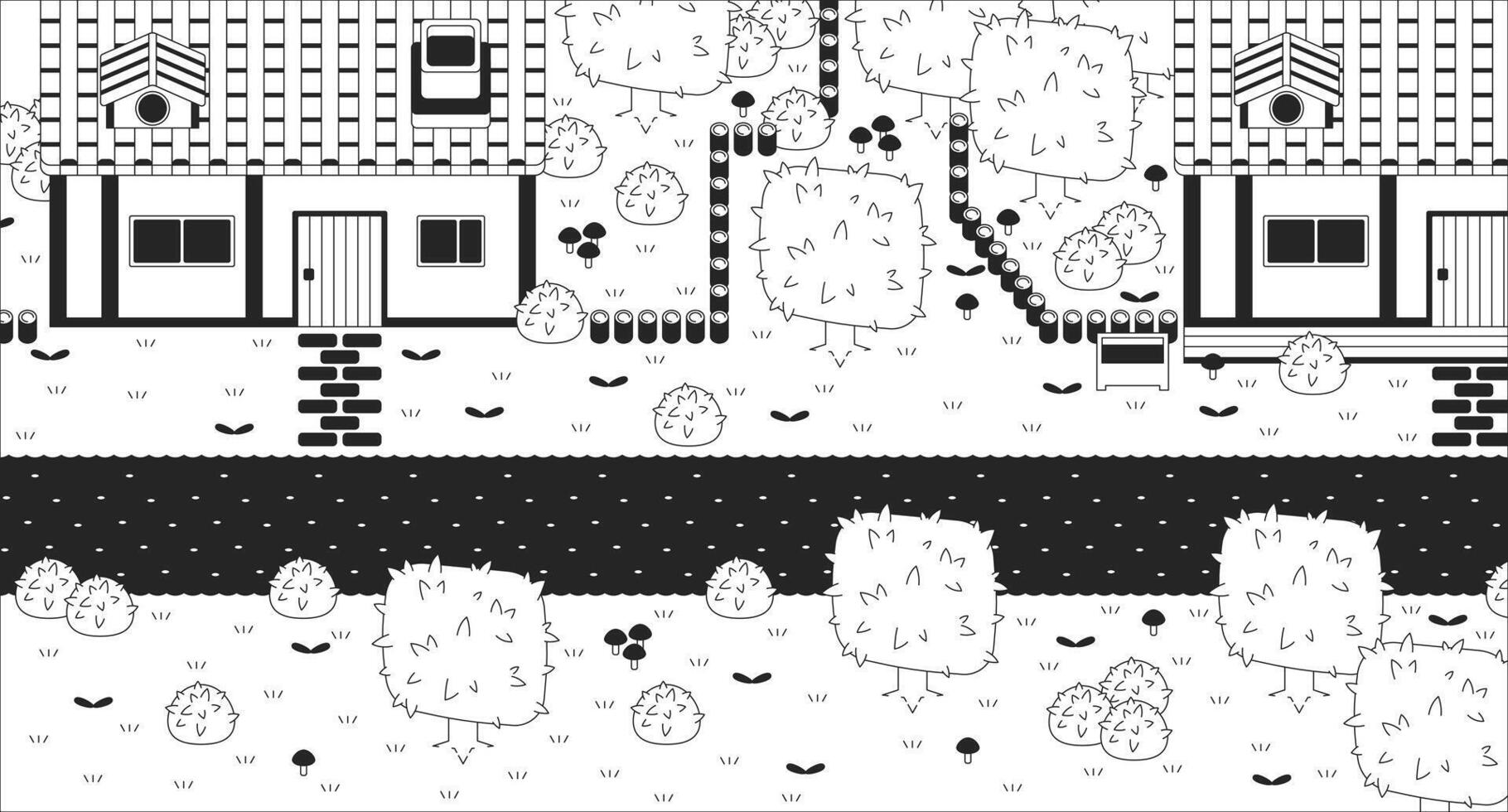 Vintage videogame village black and white line illustration. Medieval countryside. Rural houses and road 2D landscape monochrome background. Adventure game development outline scene vector image