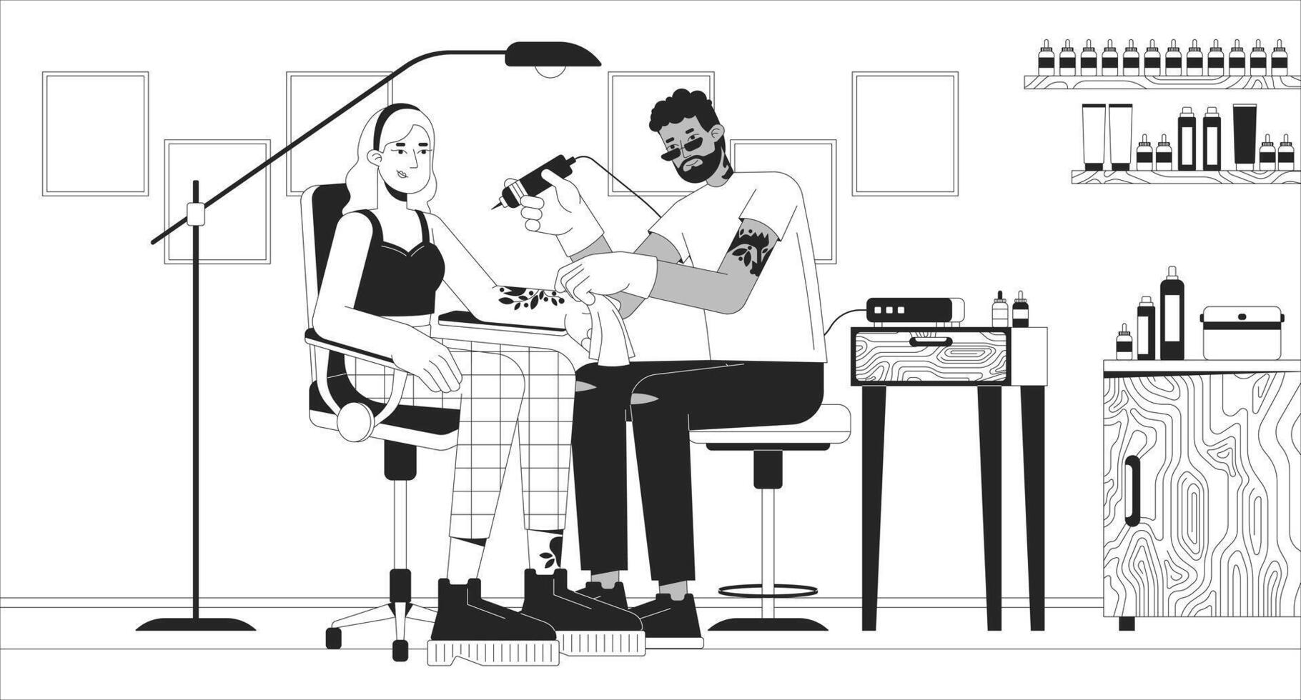 Tattoo shop small business black and white line illustration. Artist applying pattern on woman skin. Beauty salon 2D characters monochrome background. Tattooist entrepreneur utline scene vector image