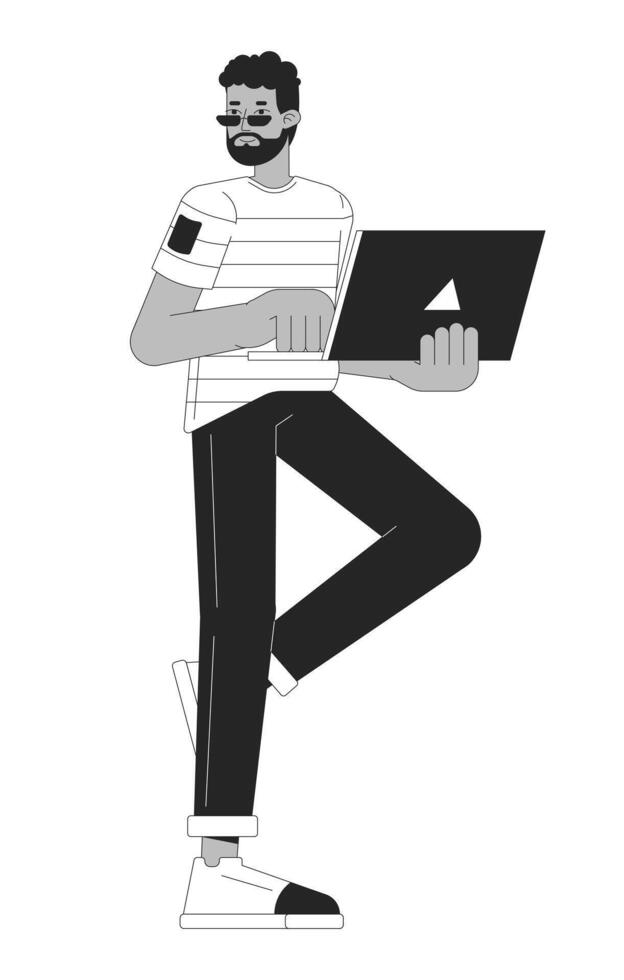 Man With Laptop Monochrome Line Cartoon Character vector