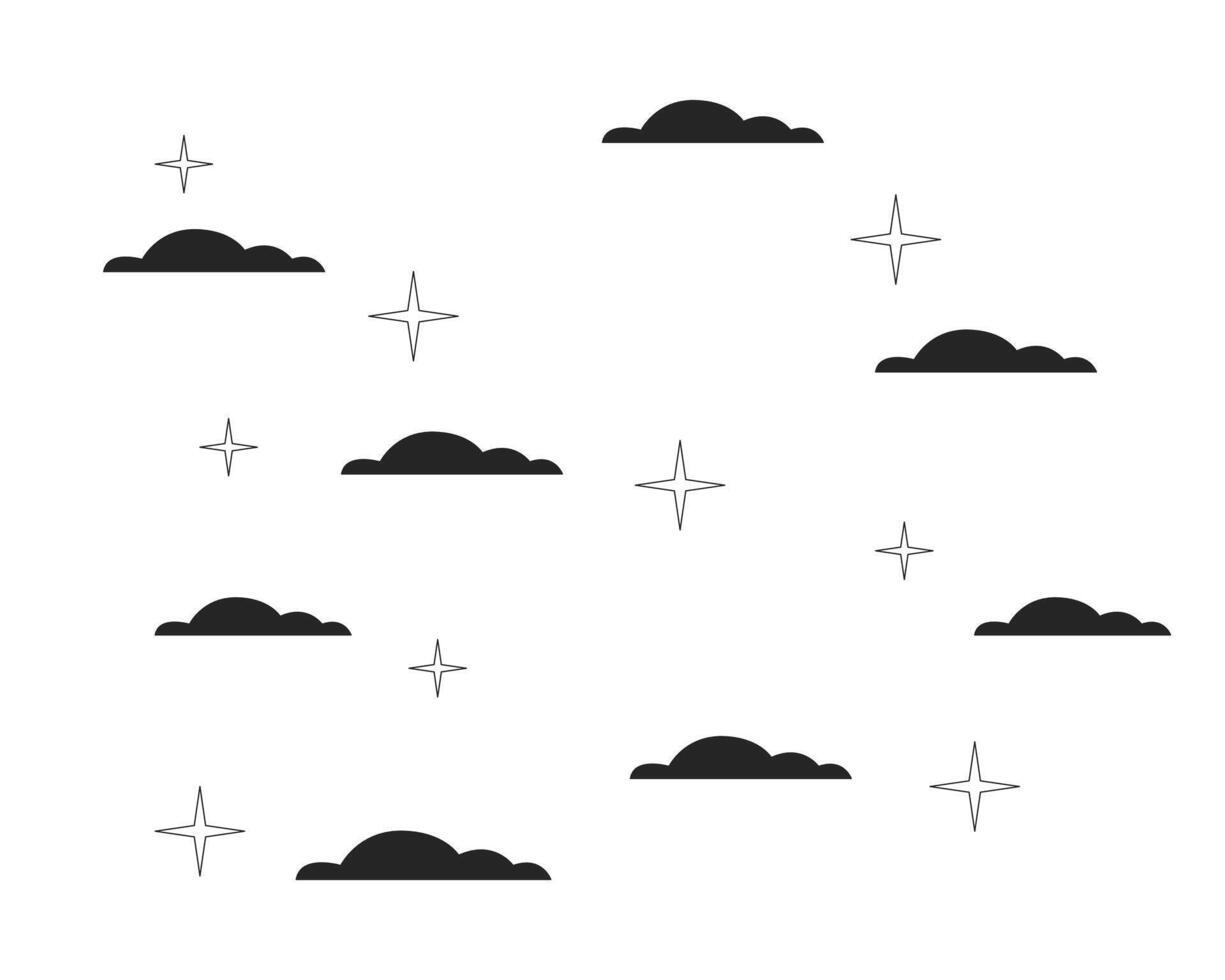 Sparkling Stars In Night Sky Clouds Monochrome Line Cartoon Object vector