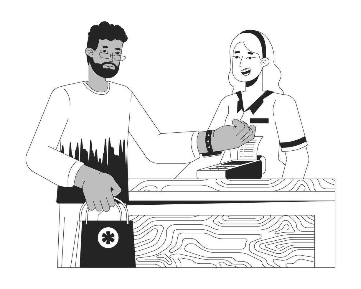Pharmacy customer paying through nfc watch black and white 2D line cartoon characters. Medication buying man isolated vector outline people. Contactless terminal monochromatic flat spot illustration