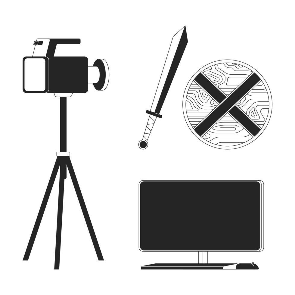 Action movie filming black and white 2D line cartoon objects set. Historical reconstruction shooting set isolated vector outline items collection. Filmmaking monochromatic flat spot illustrations