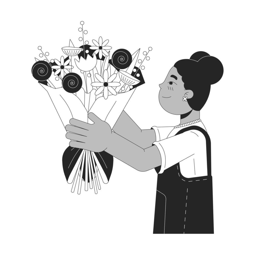 africano americano niña dando flores negro y blanco 2d línea dibujos animados personaje. negro hembra niño aislado vector contorno persona. floral arreglo infancia monocromo plano Mancha ilustración