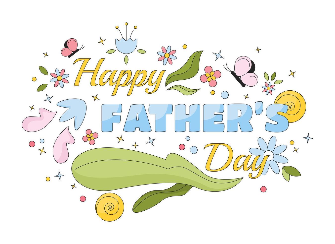 Happy father day 2D linear illustration concept. Third Sunday of June summer floral cartoon greeting text isolated on white. Summertime fatherhood inscription card abstract flat vector outline graphic