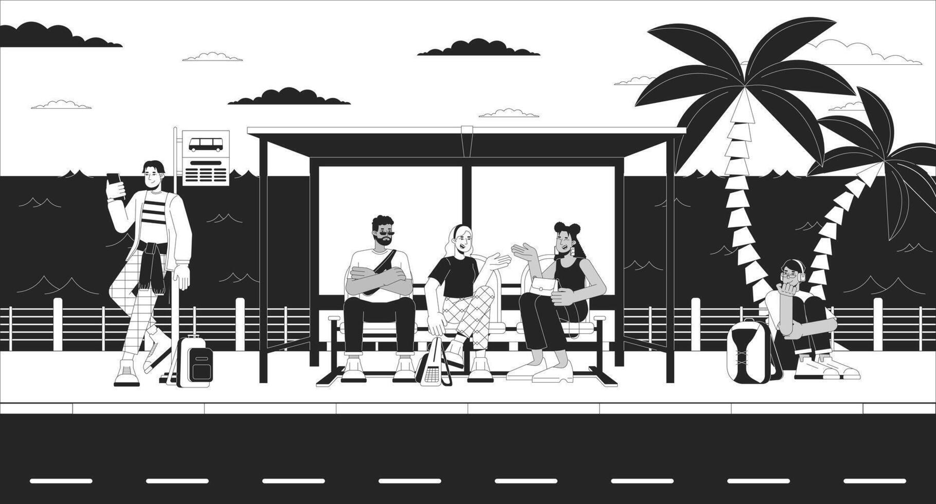 Seaside Bus Stop Crowded Monochrome Cartoon Flat Illustration vector