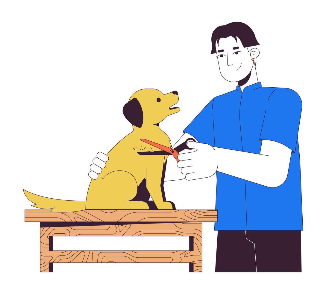 Asian man grooming dog 2D linear cartoon character. Groomer taking care of pet isolated line vector person white background. Animal beauty and hygiene service color flat spot illustration