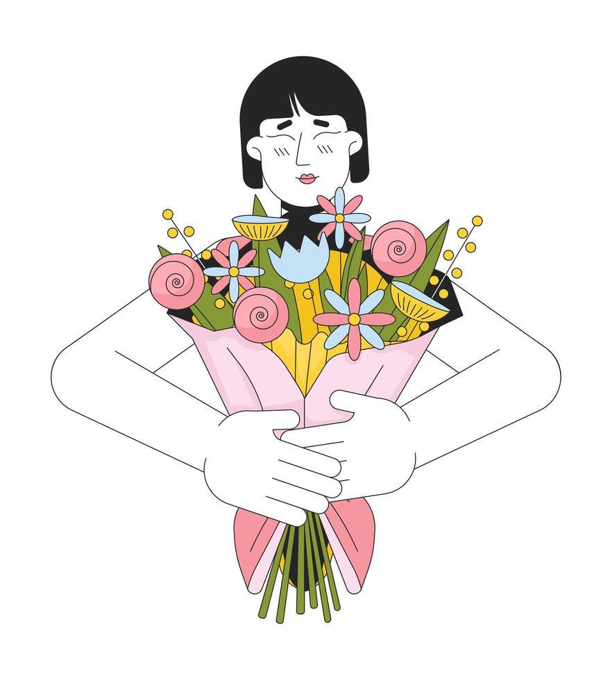 cariñoso madre ramo de flores 2d lineal dibujos animados personaje. abrazando flores asiático mujer aislado línea vector persona blanco antecedentes. romántico sorpresa cumpleaños, 8 marzo color plano Mancha ilustración