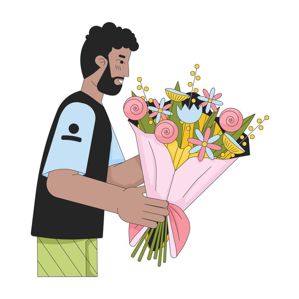 Bearded black man holding bouquet 2D linear cartoon character. Getting flowers african american male isolated line vector person white background. Floral congratulation color flat spot illustration