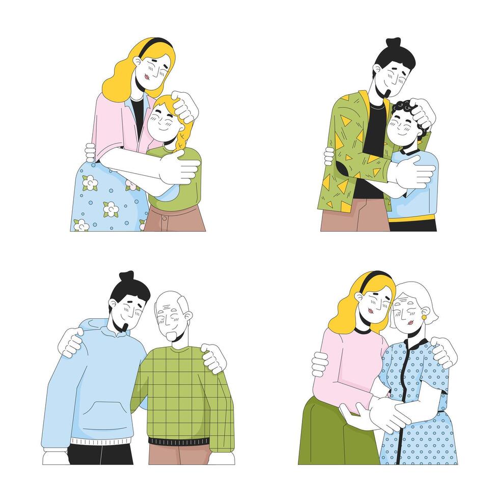 abrazo familia 2d lineal dibujos animados caracteres colocar. abrazando parientes caucásico europeo aislado línea vector personas blanco antecedentes. abrazando madre padre color plano Mancha ilustraciones colección
