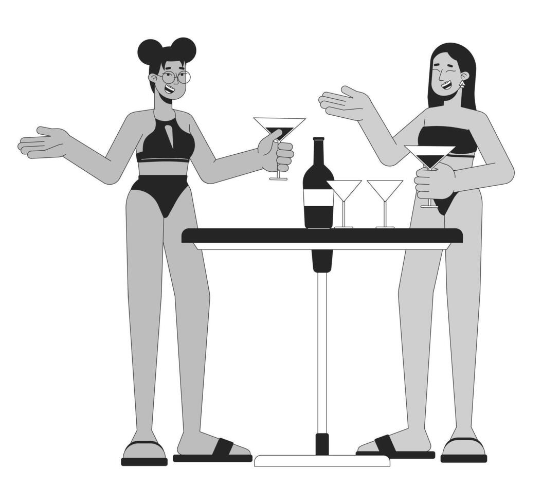 Women in swimsuits enjoying cocktails black and white 2D line cartoon characters. Female friends at pool party isolated vector outline people. Beach bar guests monochromatic flat spot illustration