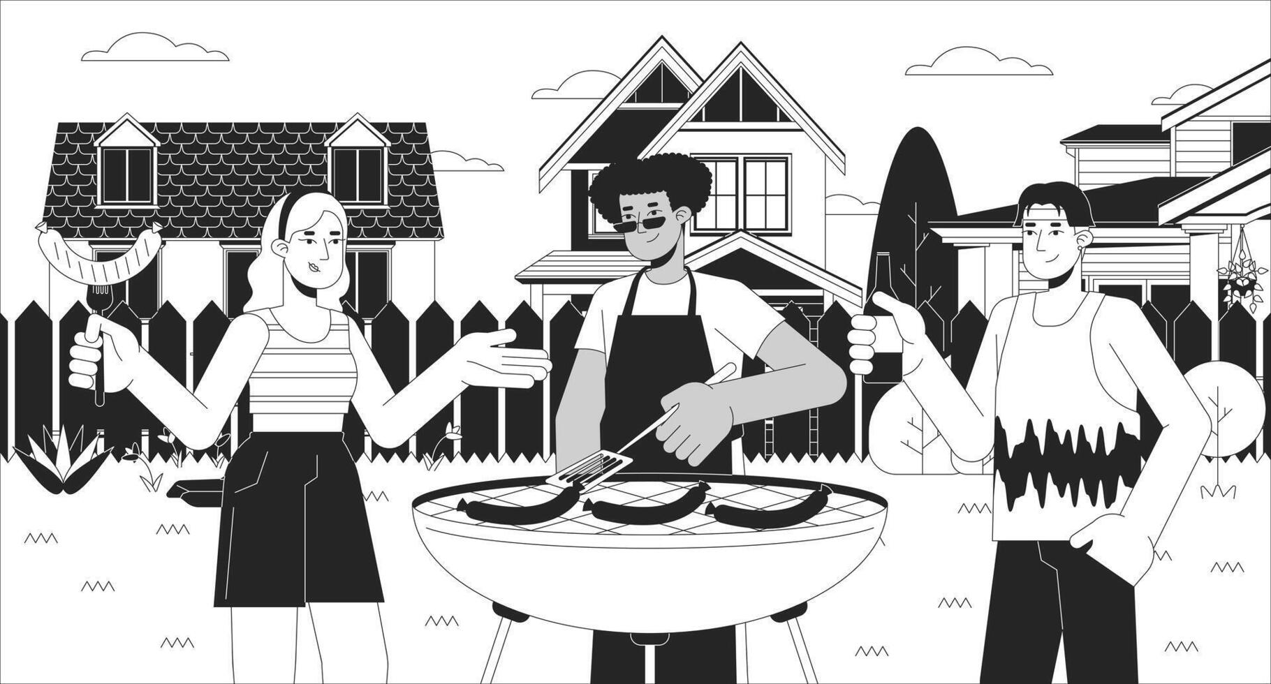 Barbeque with neighbors black and white line illustration. Positive friends grilling sausages on brazier 2D characters monochrome background. Weekend outdoor cooking party outline scene vector image