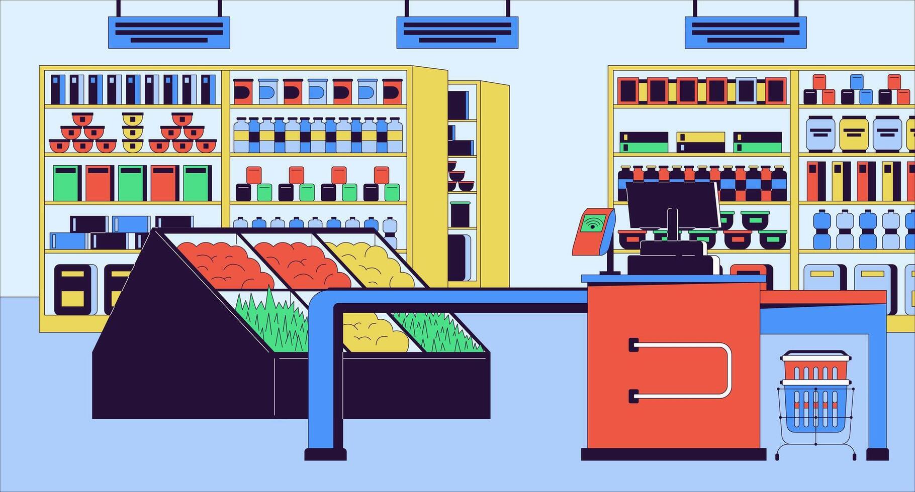 Supermarket checkout counter cartoon flat illustration. Grocery register 2D line interior colorful background. Checkout line with card payment terminal, no people scene vector storytelling image