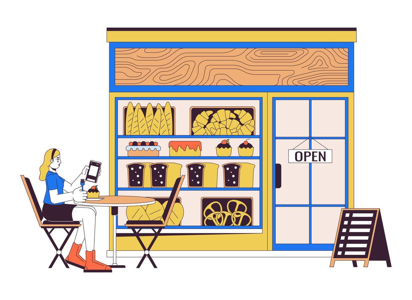 Woman visiting bakery shop 2D linear cartoon character. Caucasian female guest sitting at cafe table isolated line vector person white background. Pastry small business color flat spot illustration