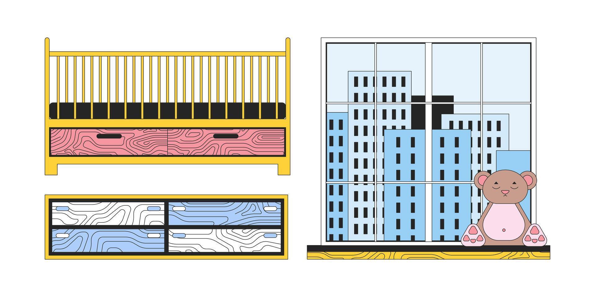 Nursery furniture 2D linear cartoon objects set. Dresser, bear plush windowsill, crib bed isolated line vector elements white background. Children bedroom color flat spot illustration collection