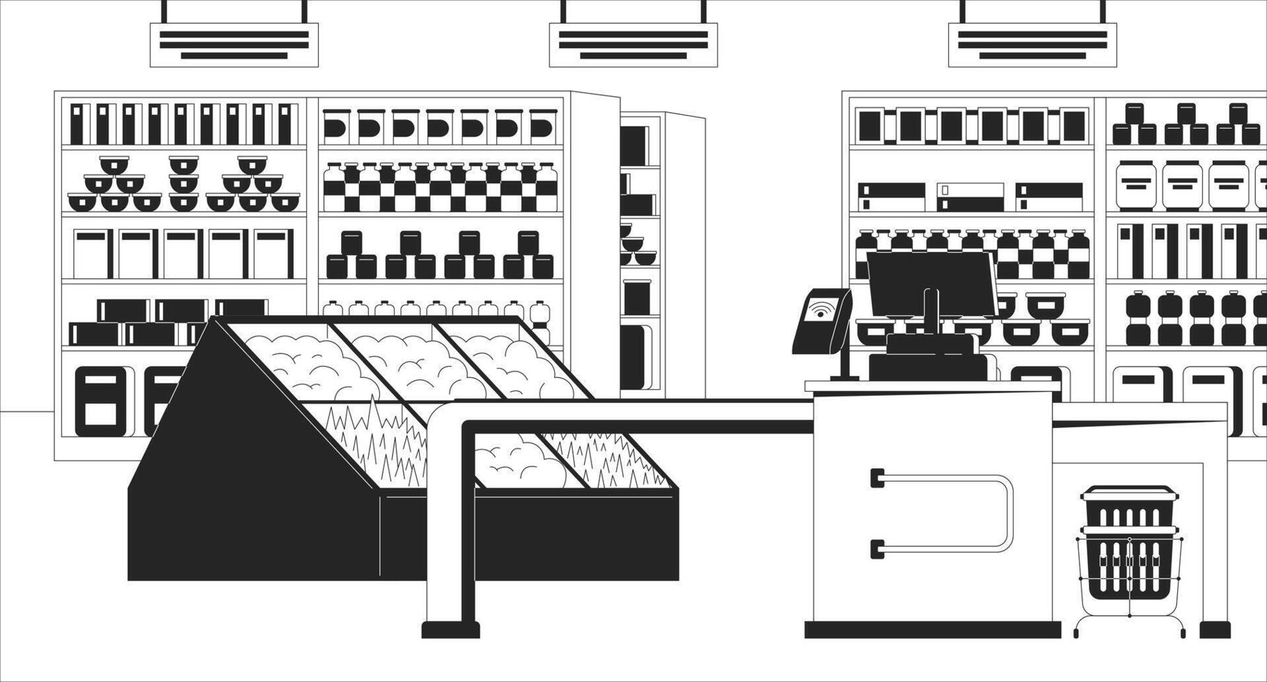 supermercado revisa mostrador negro y blanco línea ilustración. tienda de comestibles Registrarse 2d interior monocromo antecedentes. revisa línea con tarjeta pago Terminal, No personas contorno escena vector imagen