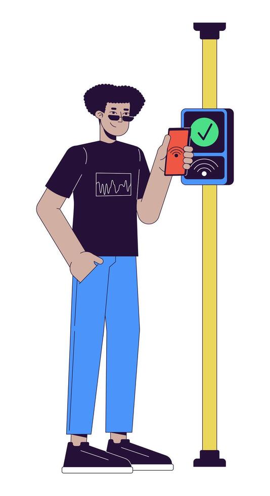 Hispano joven hombre pago tarifa con nfc teléfono 2d lineal dibujos animados personaje. autobús viajero diario al trabajo latino masculino aislado línea vector persona blanco antecedentes. sin contacto pago color plano Mancha ilustración