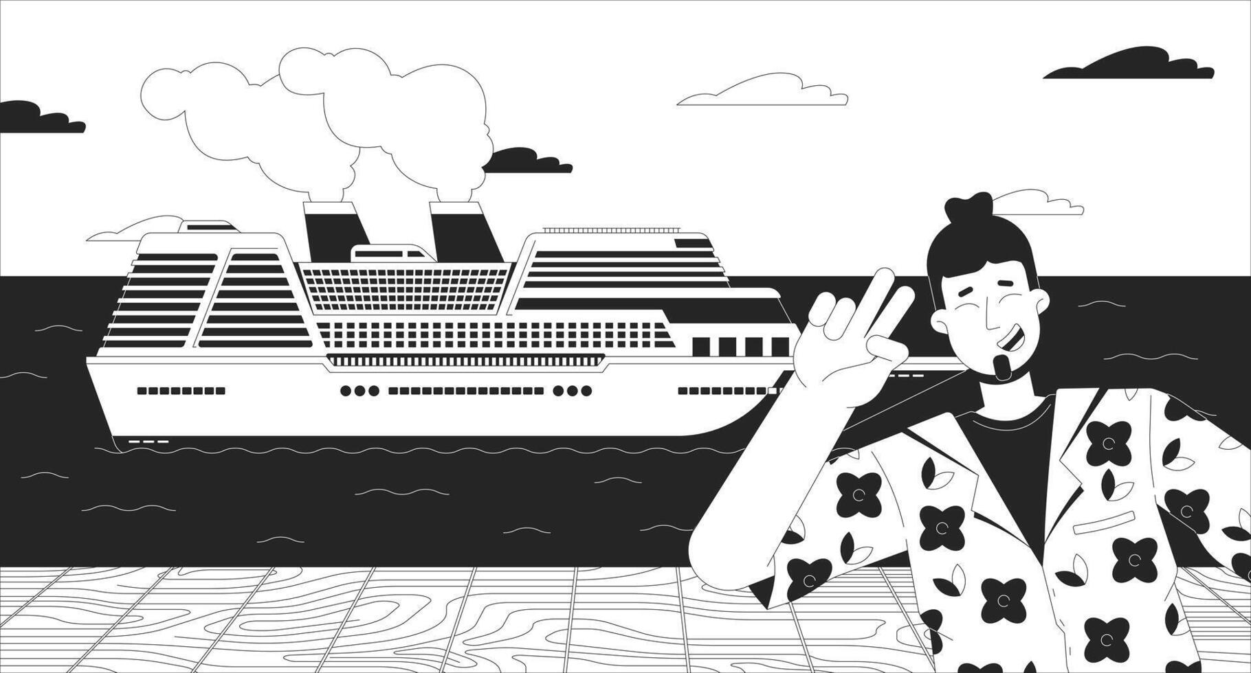 Tourist posing in front of cruise ship black and white line illustration. Selfie taking traveler caucasian man on pier 2D character monochrome background. Waterfront boat outline scene vector image