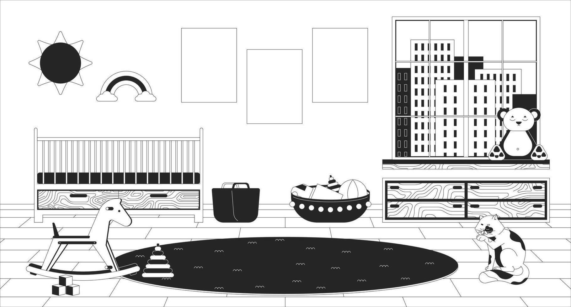 Baby nursery room black and white line illustration. Crib bed, round floor rug 2D interior monochrome background. Blank posters wall. Childhood toys. Childrens room outline scene vector image