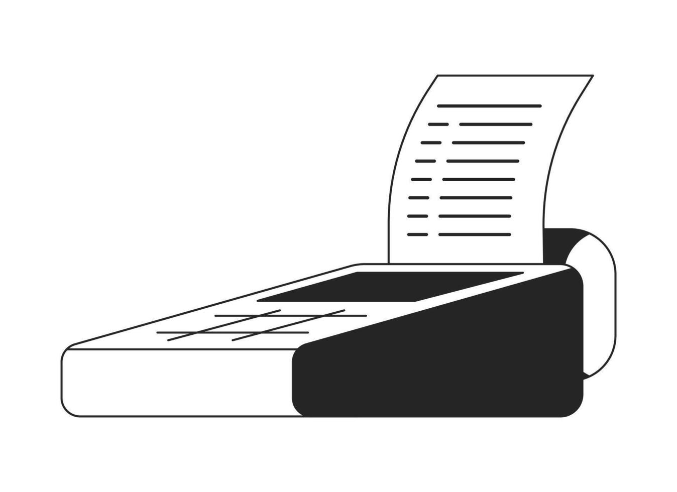 pos terminal con recibo negro y blanco 2d línea dibujos animados objeto. sin contacto pago. Al por menor pos equipo aislado vector contorno artículo. inalámbrico tecnología monocromo plano Mancha ilustración