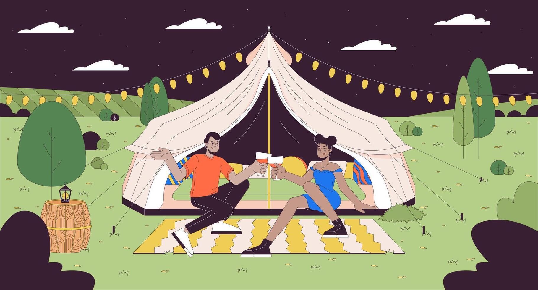 Romantic glamping people cartoon flat illustration. Luxury tent couple glasses clinking 2D line characters colorful background. Date night outdoors. Cheers wineglasses scene vector storytelling image