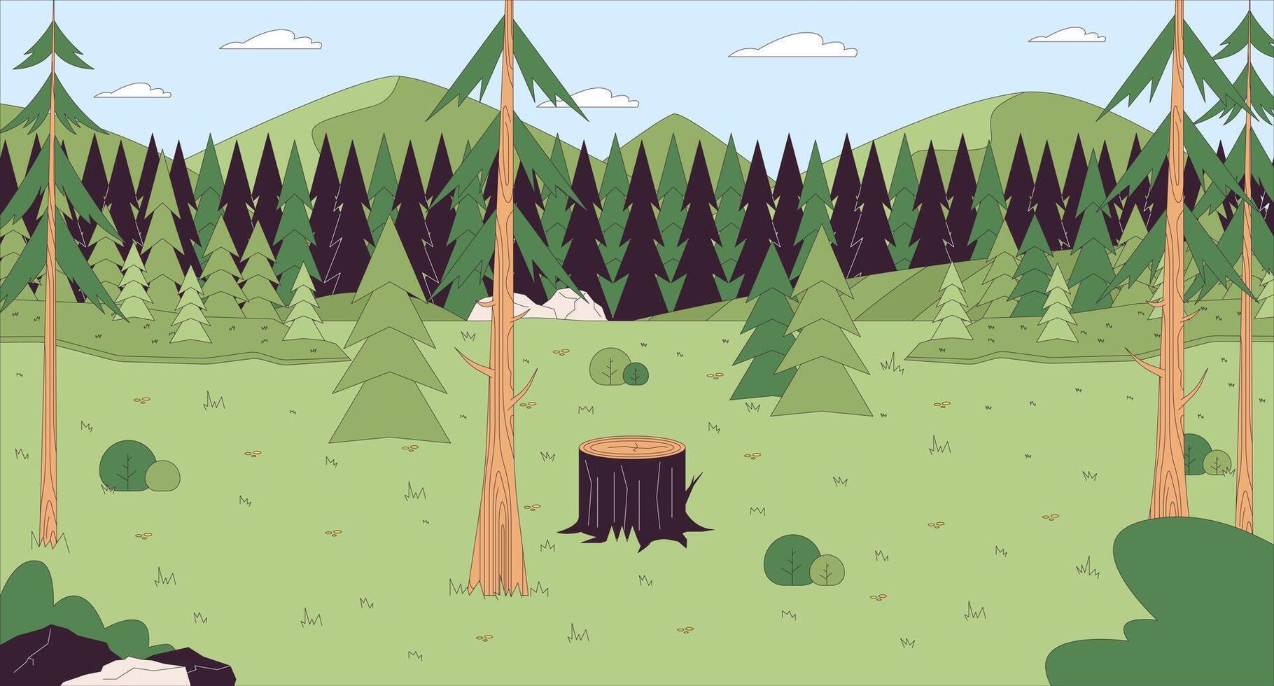 Glade forest pines cartoon flat illustration. Stump of tree woodland spruces 2D line scenery colorful background. Summer landscaping spring season. Grass woods scene vector storytelling image