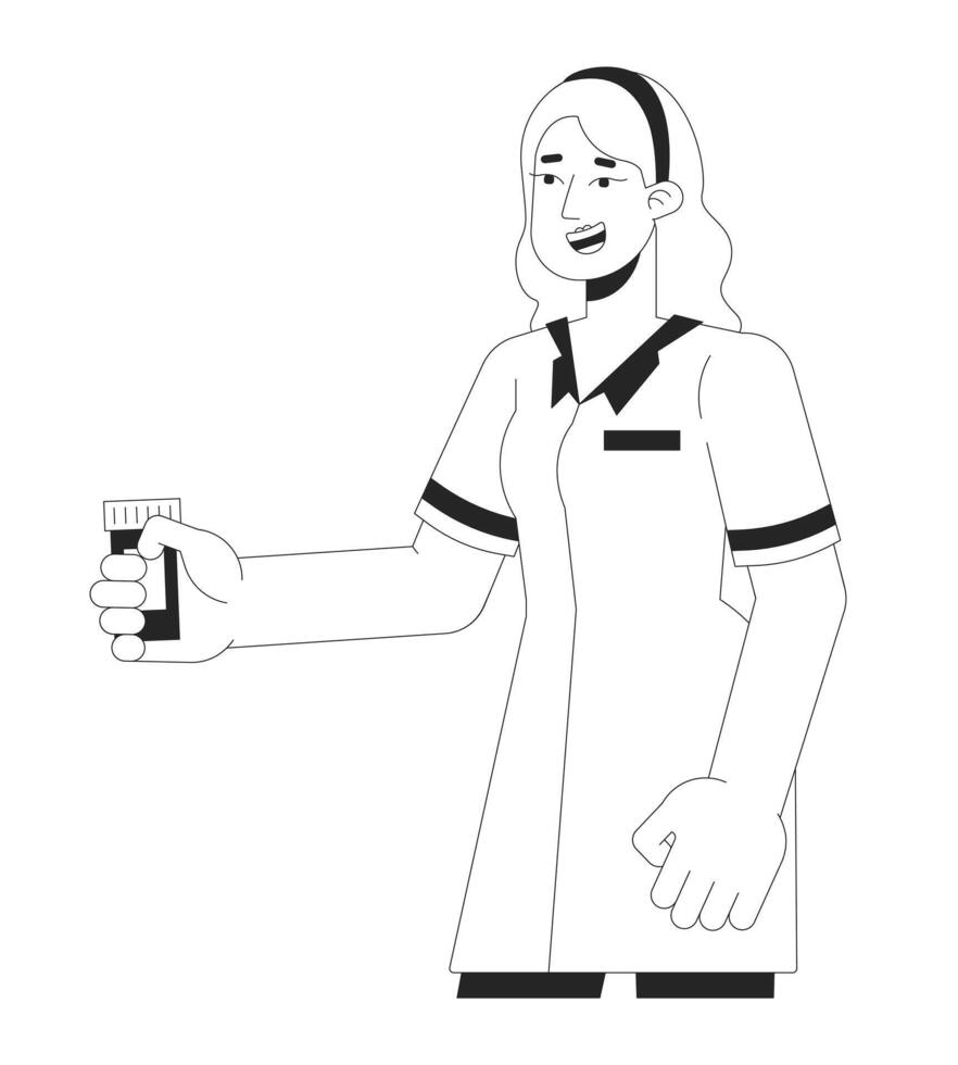 hembra farmacéutico participación pastillas botella negro y blanco 2d línea dibujos animados personaje. farmacia trabajador caucásico mujer aislado vector contorno persona. de venta medicina monocromo plano Mancha ilustración