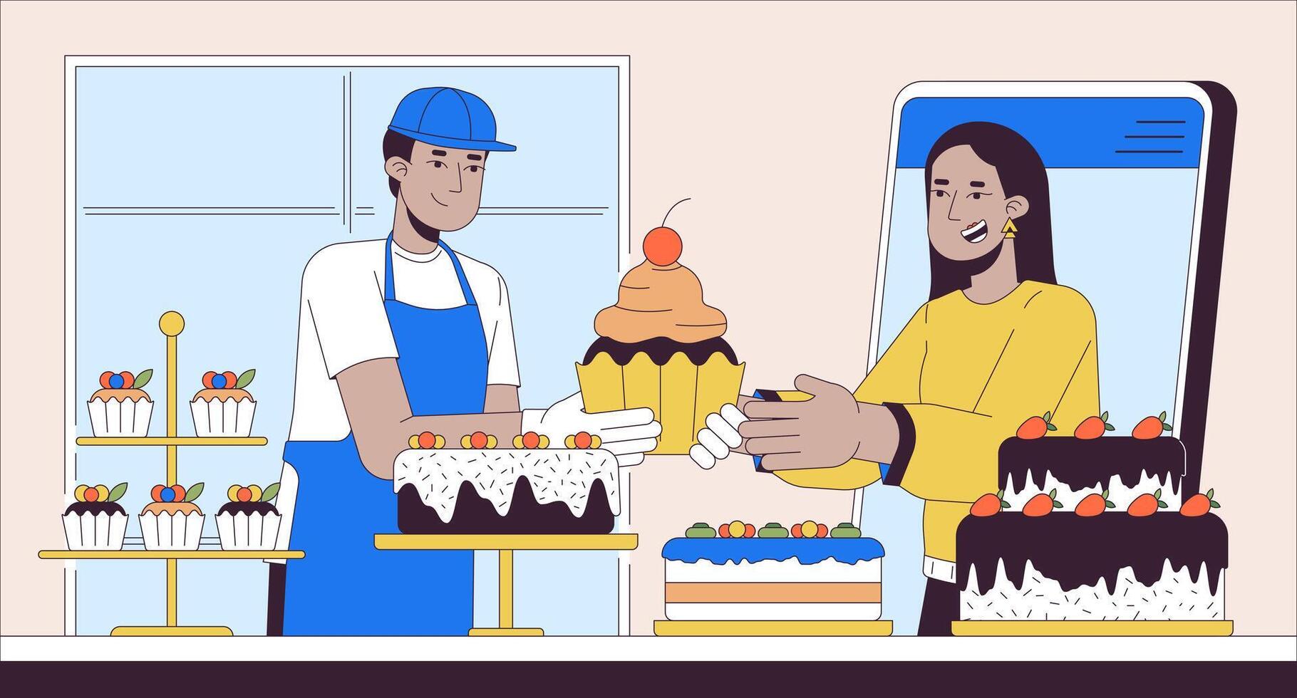 Confectionery online orders line cartoon flat illustration. Female customer buying cakes in bakery 2D lineart scenery background. Small business digital service scene vector color image