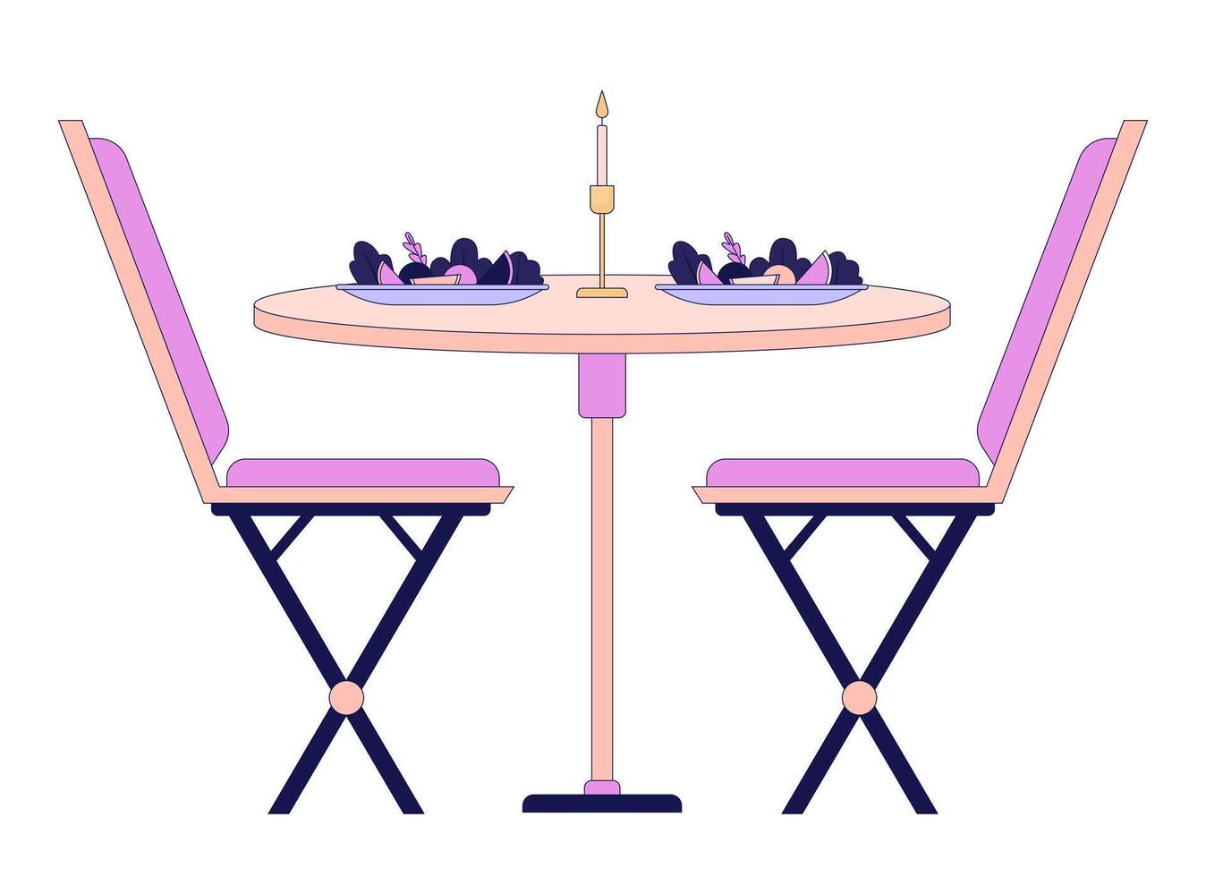 Romantic dinner table chairs 2D linear cartoon object. Restaurant meal plates by candlelight isolated line vector element white background. Date night. Candle light dinner color flat spot illustration