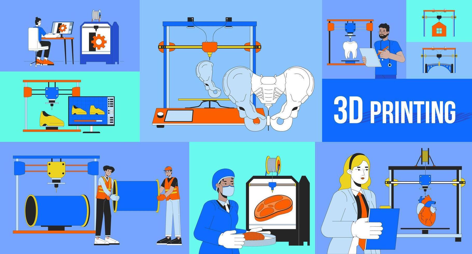 3d printing technology bento grid illustration set. Additive manufacturing 2D vector image collage design graphics collection. Multicultural adult industry technicians flat characters moodboard layout