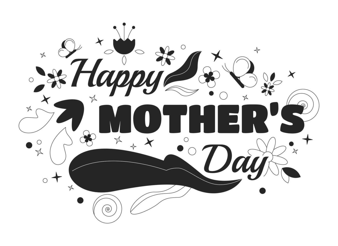 Happy mother day black and white 2D illustration concept. Second Sunday of May spring ornament cartoon outline greeting isolated on white. Springtime flowers inscription card monochrome vector art