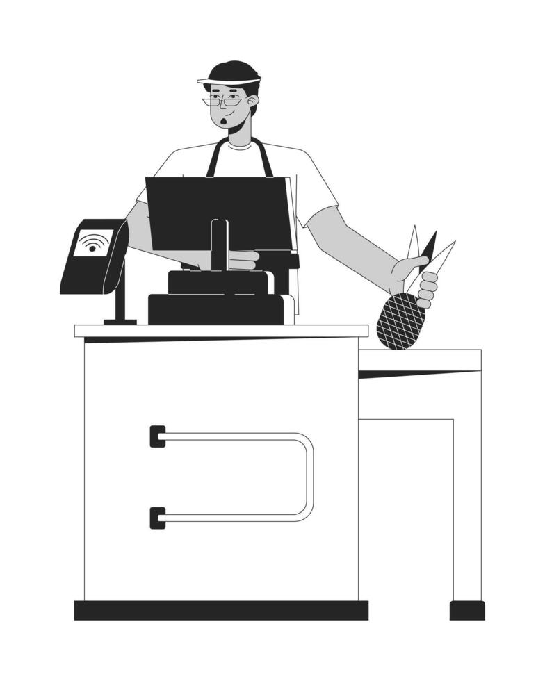 Arab male cashier supermarket checkout black and white 2D line cartoon character. Terminal grocery store merchant isolated vector outline person. Sales occupation monochromatic flat spot illustration