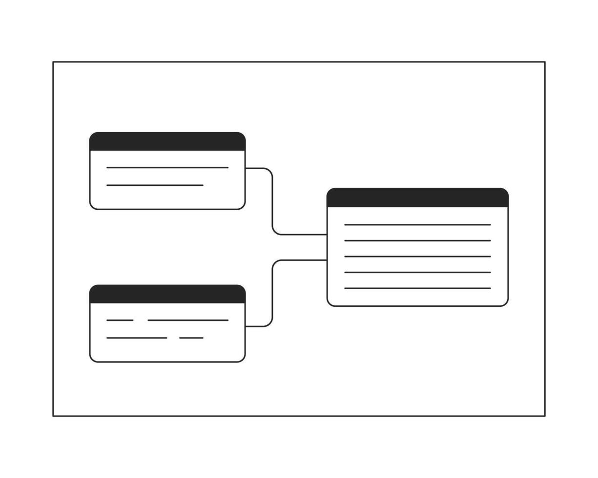 Information blocks scheme black and white 2D line cartoon object. Website wireframe connection isolated line vector element white background. Software development monochromatic flat spot illustration