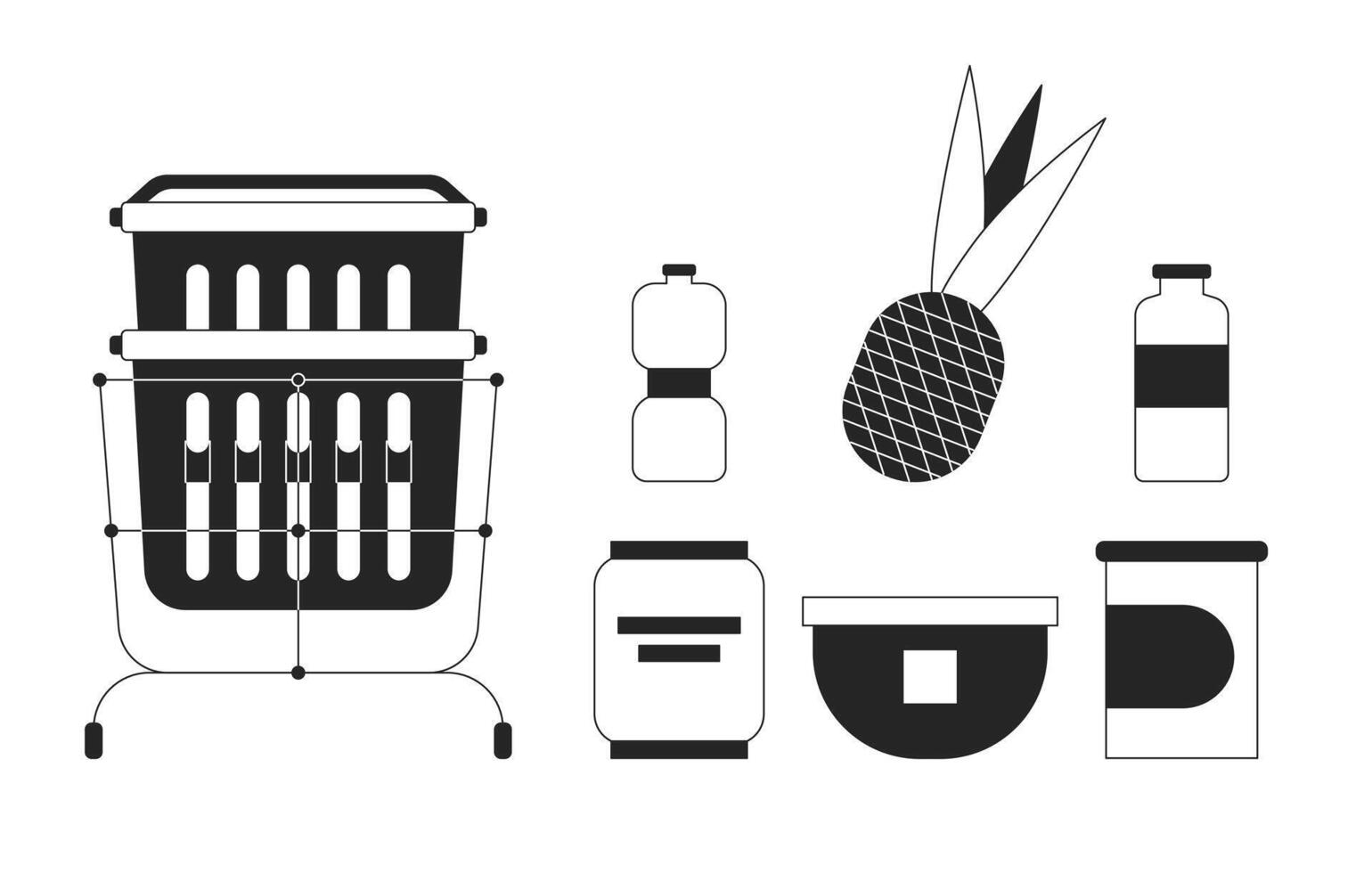 Shopping cart products black and white 2D line cartoon objects set. Purchasing food isolated vector outline items collection. Buying food drink. Foodstuff store monochromatic flat spot illustrations