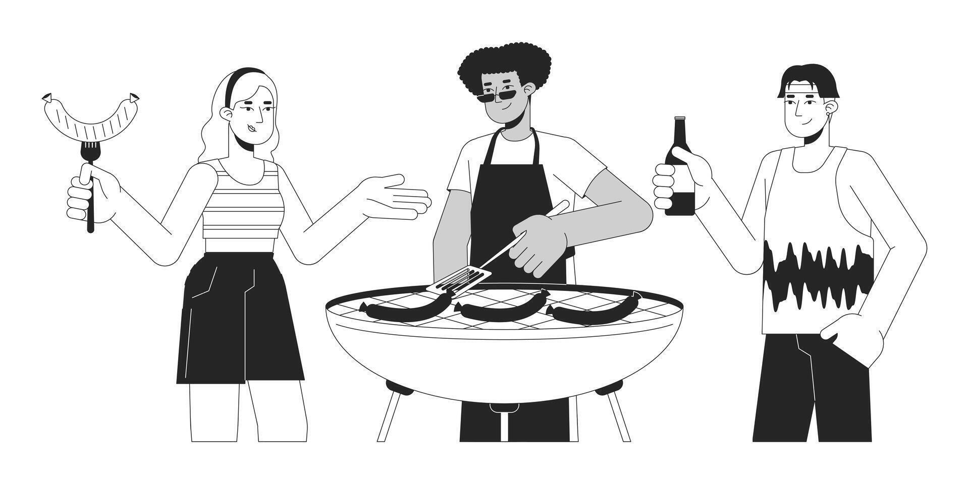 Friends cooking barbeque black and white 2D line cartoon characters. Multiracial neighbors at bbq party isolated vector outline people. Grilled food at picnic monochromatic flat spot illustration