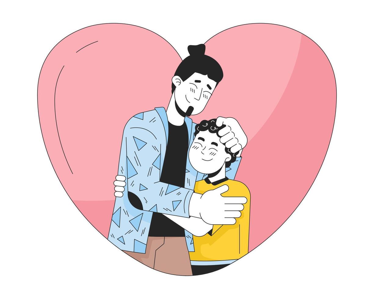 Heart-shaped hug father young boy 2D linear cartoon characters. Heartshaped young son dad caucasian isolated line vector people white background. Loved relationships color flat spot illustration