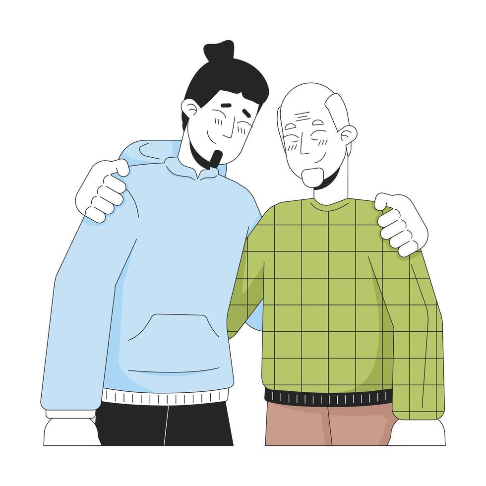 Caucasian son and senior father hugging 2D linear cartoon characters. European family members isolated line vector people white background. Comforting caring dad color flat spot illustration