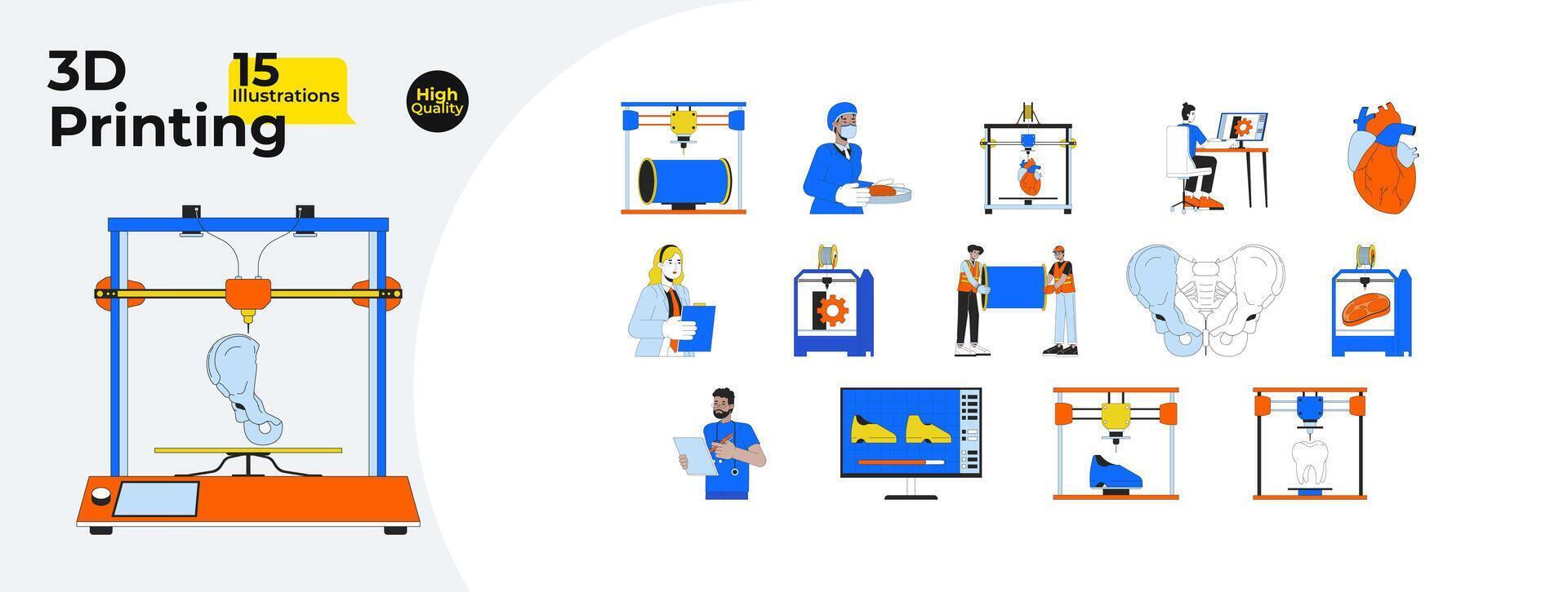 3d Printers Technicians Line Cartoon Flat Illustration Bundle vector