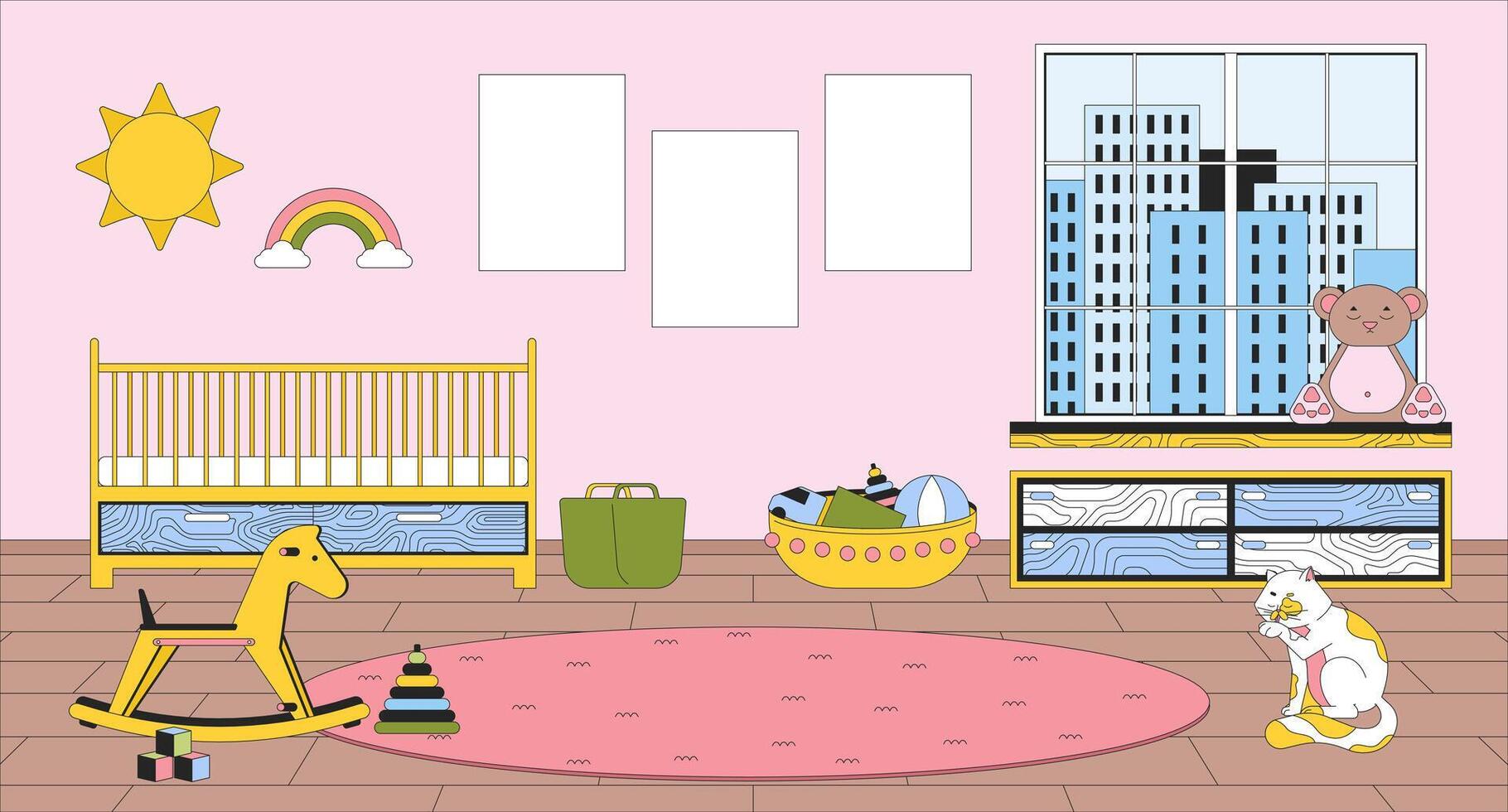 Baby nursery room cartoon flat illustration. Crib bed, round floor rug 2D line interior colorful background. Blank posters wall. Childhood toys. Childrens room scene vector storytelling image